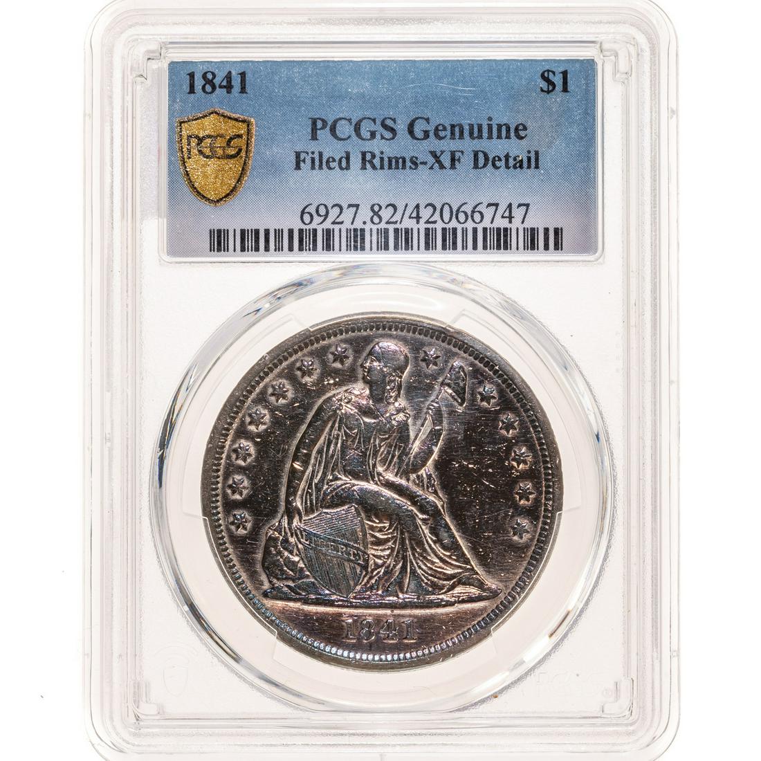 1841 Seated Dollar PCGS Gen.. XF Detail Filed Rims: Label says Filed Rims, but very hard to see if filed. The coin was cleaned and has re-toned into various colors. Net VF Pricing