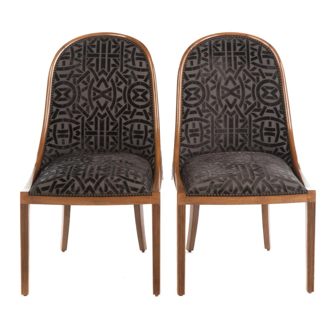 Pair of Art Deco Custom Upholstered Side Chairs: Circa 1930; walnut frames with reeded front legs and custom brown burnout velvet upholstery in a geometric pattern, 38 in. H., 21.5 in. W., 26 in. D. From Kevin and DJ Plank's former historic Georgeto