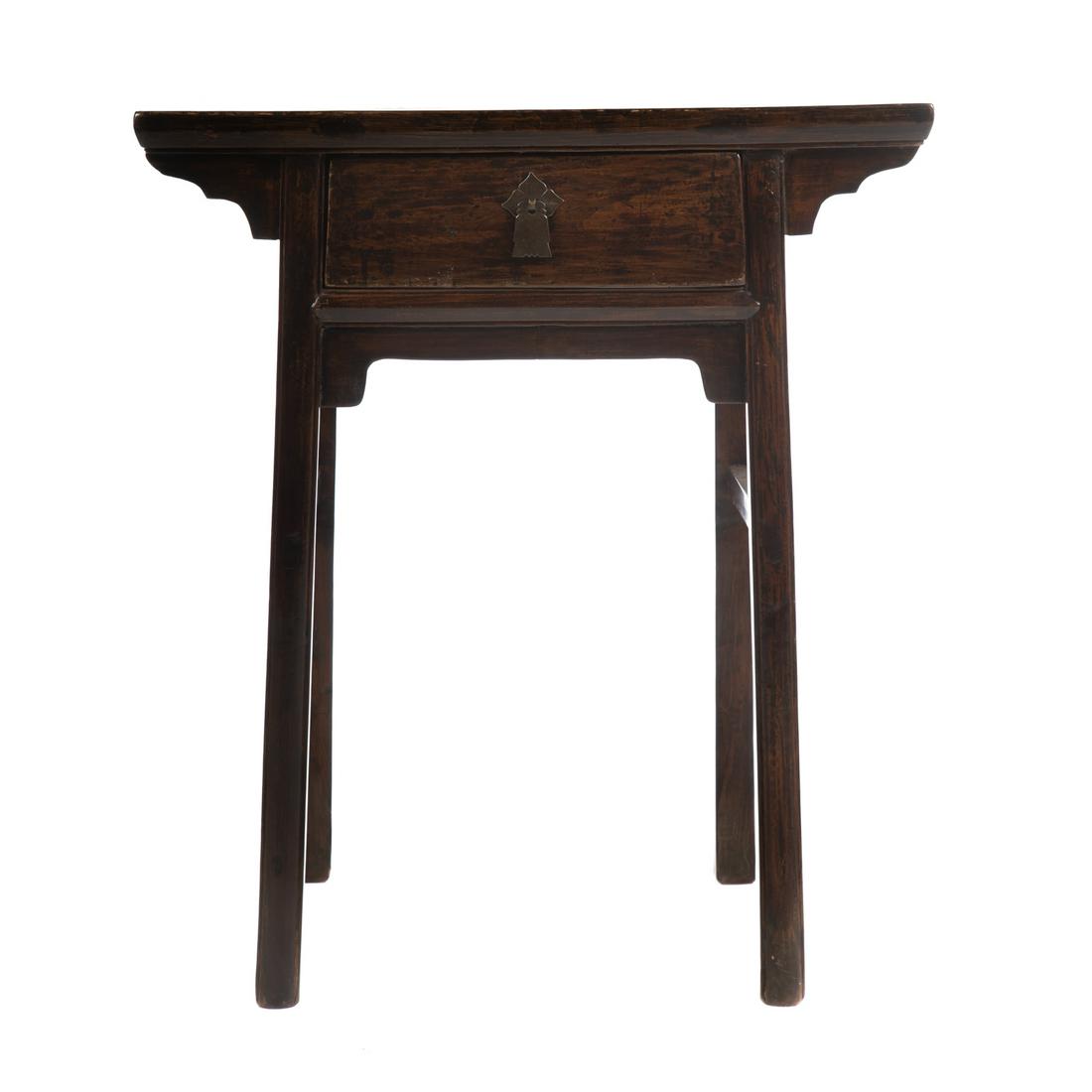 Korean Elm Wood Altar Form Side Table: Late 19th/early 20th century; with single drawer, 32 in. H., 28 in. W., 18 in. D. From Kevin and DJ Plank's former historic Georgetown residence, Sagamore South.
