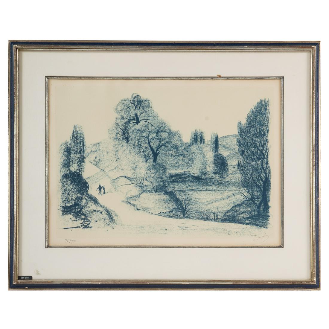 Andre Derain. Paysage Bleu, lithograph: (French, 1880-1954). 1952, made for the Mourlot Centenniere, color lithograph, ed. 75/75, pencil signed "A. Derain" lr, sight size: 17 x 24 in., framed.