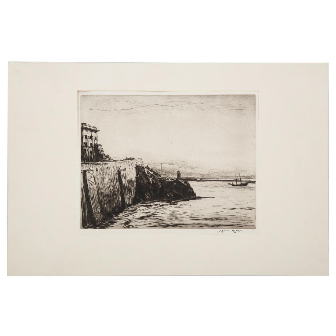 David Muirhead Bone. "Evening, Port of Genoa," etching: (British, 1876-1953). Etching, pencil signed "Muirhead Bone" lr, plate size: 7 1/2 x 10 in., unframed.