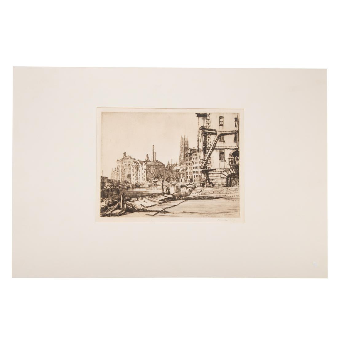 David Muirhead Bone. "Leeds Warehouses," drypoint: (British, 1876-1953). Drypoint, pencil signed "Muirhead Bone" lr, plate size: 6 x 8 in., unframed.