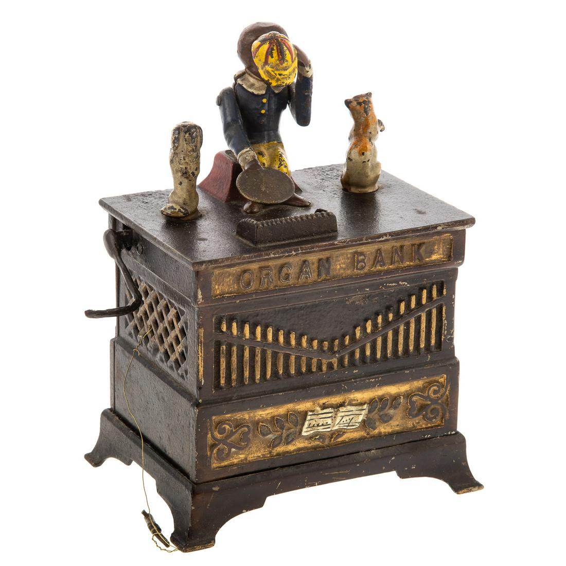 Organ Bank by Kyser & Rex: Late 19th/early 20th century; painted cast iron mechanical bank, 8 in. H., 5 in. W.