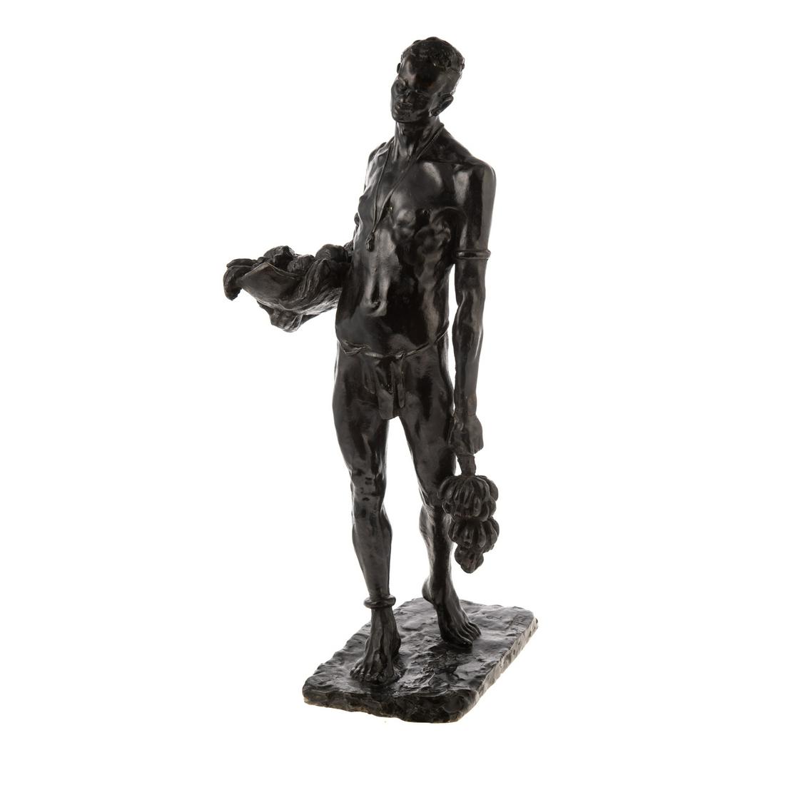 Alfredo Pina, Porteur de Fruit Bronze: (Italian, 1883-1966). African man carrying fruit basket and banana bunch, Signed "A. Pina" with "J. Pannini/ Paris/ Cire Perdue" foundry mark, 20 in. H.