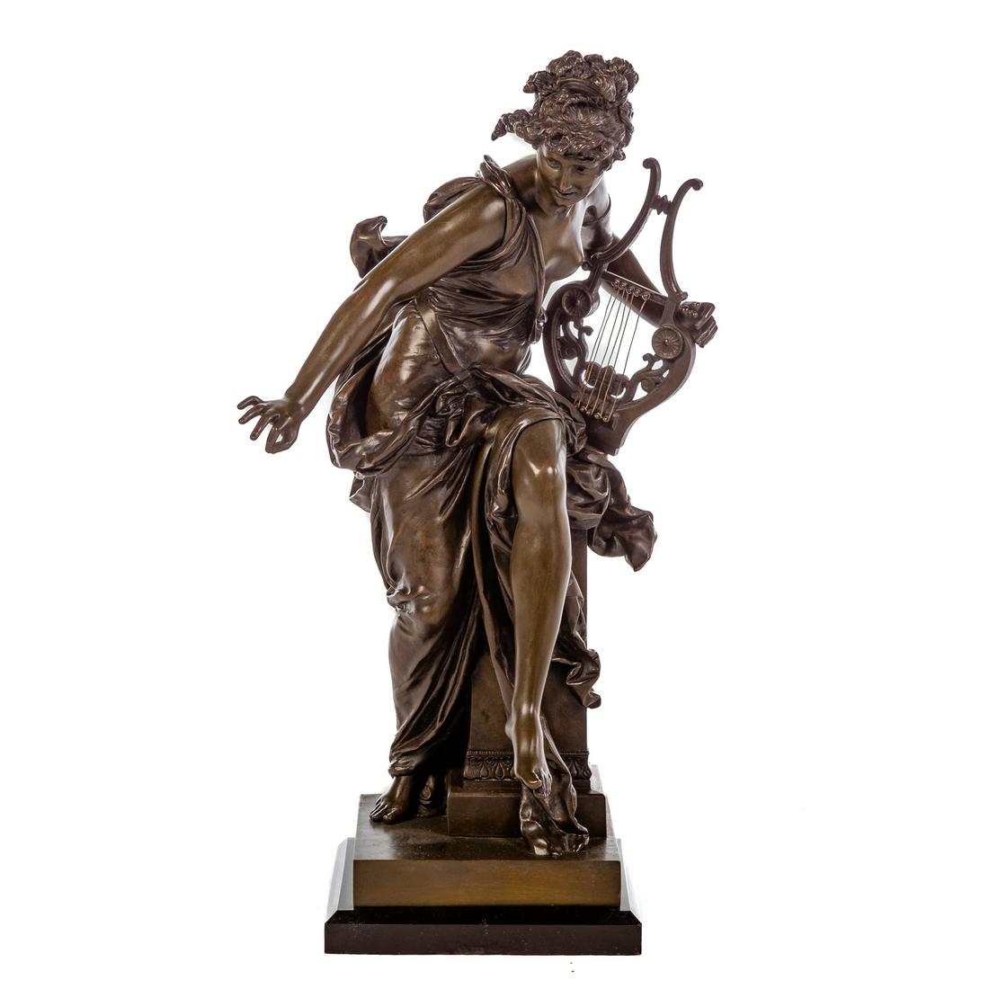 Albert Carriere-Belleuse, The Muse Harmonie Bronze: (French, 1824-1887). Classical female with lyre, signed "Carriere-Bekkeuse," with medal of honor mark, 26 in. H., mounted on black marble base. En suite with lot 1462, "La Peinture".