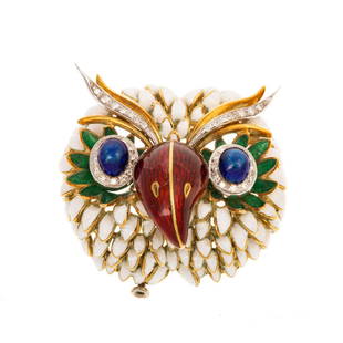 A Vintage Whimsical Enamel Owl Brooch: 18K yellow gold owl brooch featuring white enamel feathers, guilloche red enamel beak and blue eyes, round-cut diamonds bead set in white gold around eyes, back side is framed with twisted rope, clip