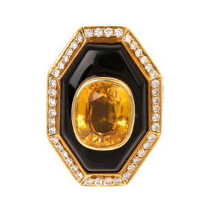 A Yellow Sapphire, Diamond & Onyx Ring by Gemlok: 18K yellow gold ring by Gemlok featuring a cushion-cut yellow sapphire weighing approx. 3.25 cts, bezel set in center with octagonal black onyx frame along with round-cut diamond halo, weighing