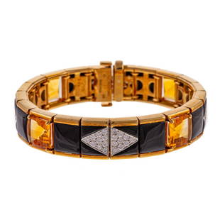 A Diamond, Citrine & Onyx Bracelet by M. Bondanza: 18K yellow gold and platinum bracelet by Michael Bondanza, featuring 80 well-matched diamonds, weighing 1.91 ctw with an average color grade of F-G and an average clarity grade of VS, pave set in tria