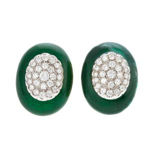 A Pair of 18K Guilloche Enamel Diamond Pave Earrings: 18K yellow gold oval earrings featuring deep green guilloche enamel with fine pave set oval cut diamonds, weighing approx. 1.60 ctw with an average color grade of F-G and an average clarity grade of