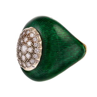 An 18K Guilloche Enamel Fine Pave Diamond Ring: 18K yellow gold domed ring with guilloche enamel in deep green, fine pave set diamonds, weighing approx. 0.85 ctw with an average color grade of F-G, and an average clarity grade of VS, sz. 5.75, 14.7