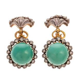 Pair of 18K Edwardian Diamond & Turquoise Earrings: c. 1900, 18K yellow gold silver topped clip drop earrings featuring round cabochon turquoise measuring 13.8 mm, native cut diamonds set in halo and top of earrings, Omega clip backs, 1.5 in. L, 20.1