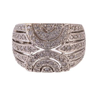 A Wide Diamond Geometric Band in 18K: 18K white gold wide diamond band featuring fine well-matched diamonds weighing approx. 1.50 ctw bead set in openwork half circles and lines, sz 6.75, 0.75 in. W, 11.2 grams