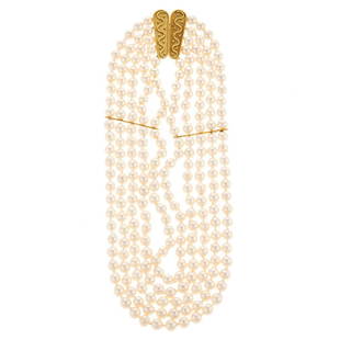 A Five-Strand Baroque Pearl Necklace in 18K: 18K yellow gold baroque pearl necklace featuring five nesting strands with two gold bar stations, pearls measuring approx. 8 mm each, hook clasp, shortest strand 15 in. L, 176.4 grams