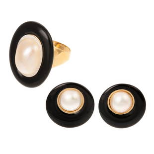 A Black Onyx & Mabe Pearl Ring & Earrings in 14K: 1) 14K yellow gold ring featuring oval black onyx and mabe pearl, sz 7.25, and 2) 14K yellow gold button clip earrings with black onyx and mabe pearls, 1.25 in. W, 25.0 grams tw