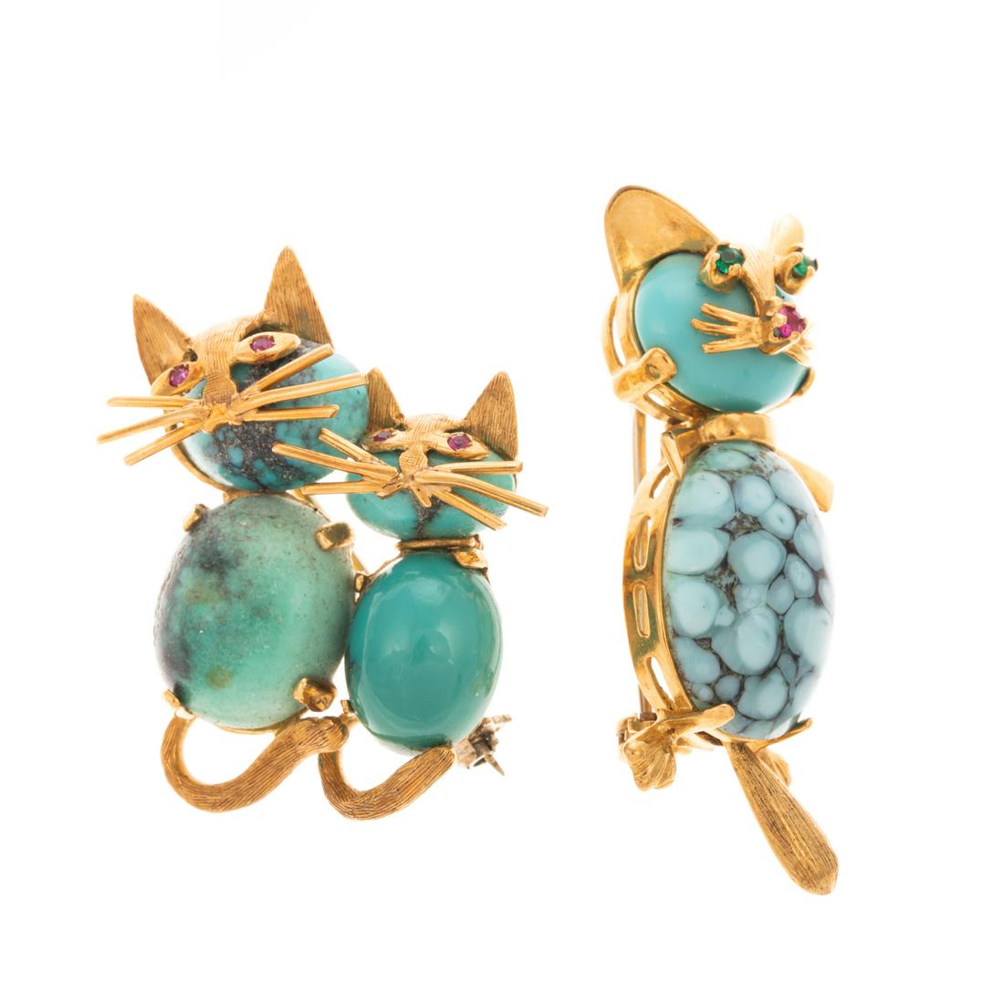 A Pair of Whimsical Turquoise Cat Pins in 18K (1 of 6)