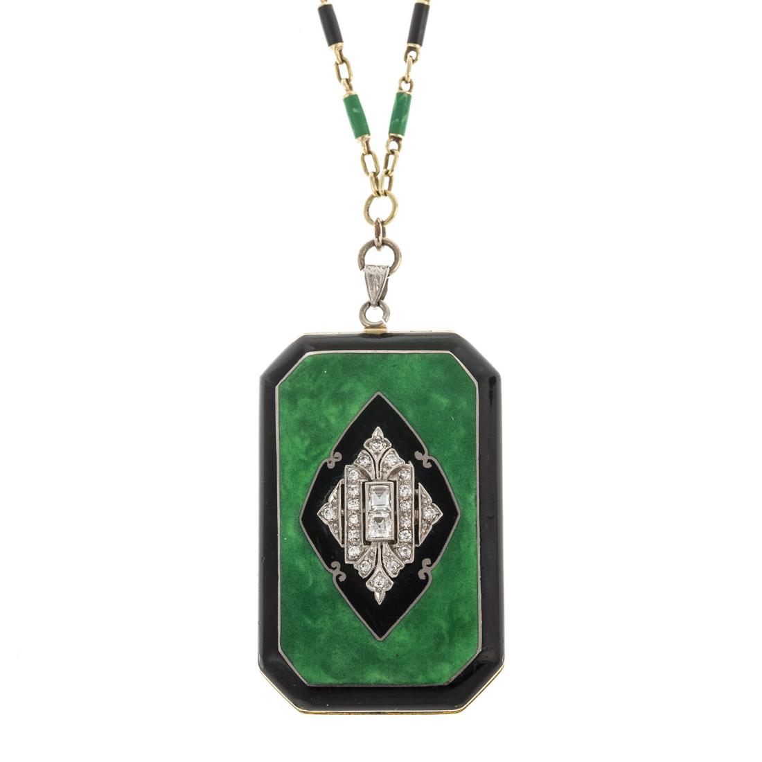 An Art Deco Diamond & Enamel Locket in 14K: 14K yellow and white gold Art Deco locket featuring round and square step-cut diamonds with milgrain detail, black onyx frame with green and black enamel center, two rectangular picture frames inside,