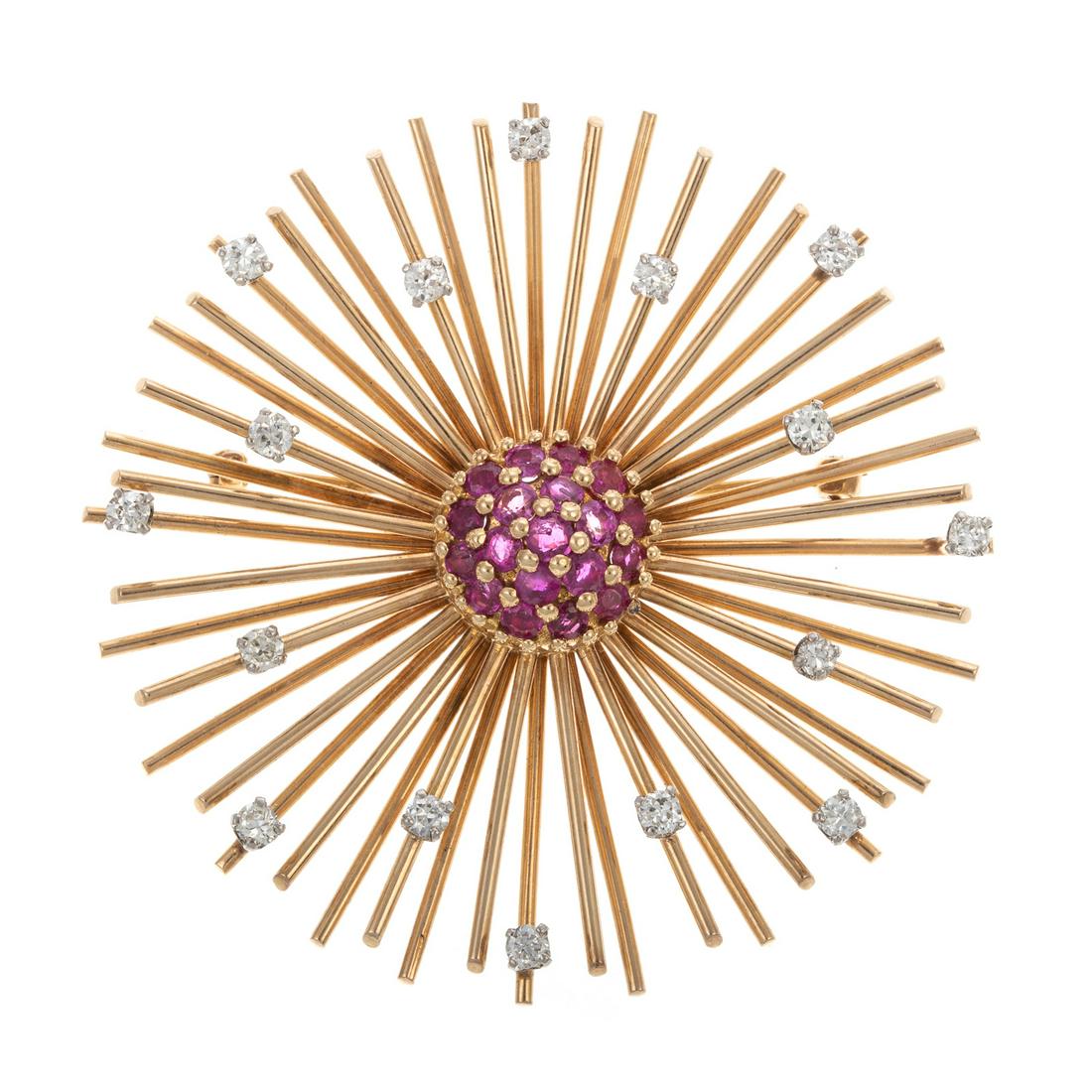 A Retro 14K Starburst Ruby & Diamond Brooch (1 of 5)