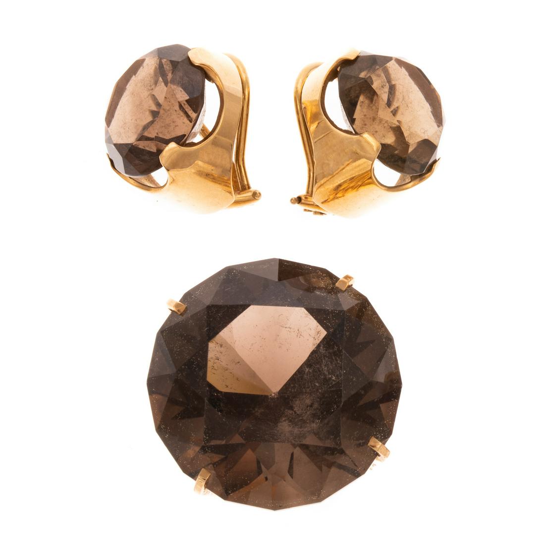A Smoky Quartz Pendant & Clip Earrings in 14K (1 of 4)