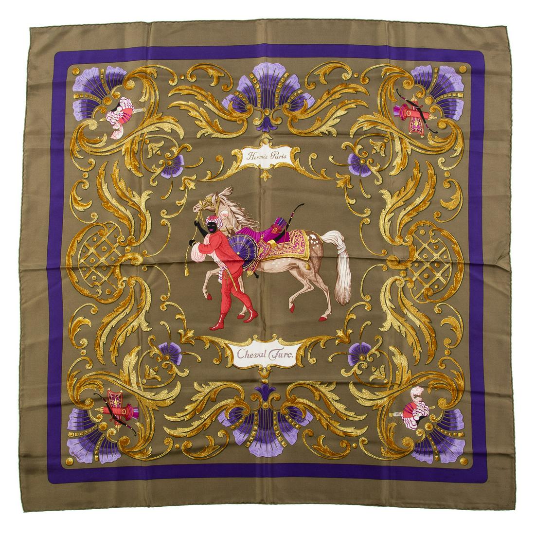 An Hermes “Cheval Turc” Silk Scarf 90: Green, purple and multicolor Hermes 90 cm silk scarf with “Cheval Turc” motif and hand rolled edges