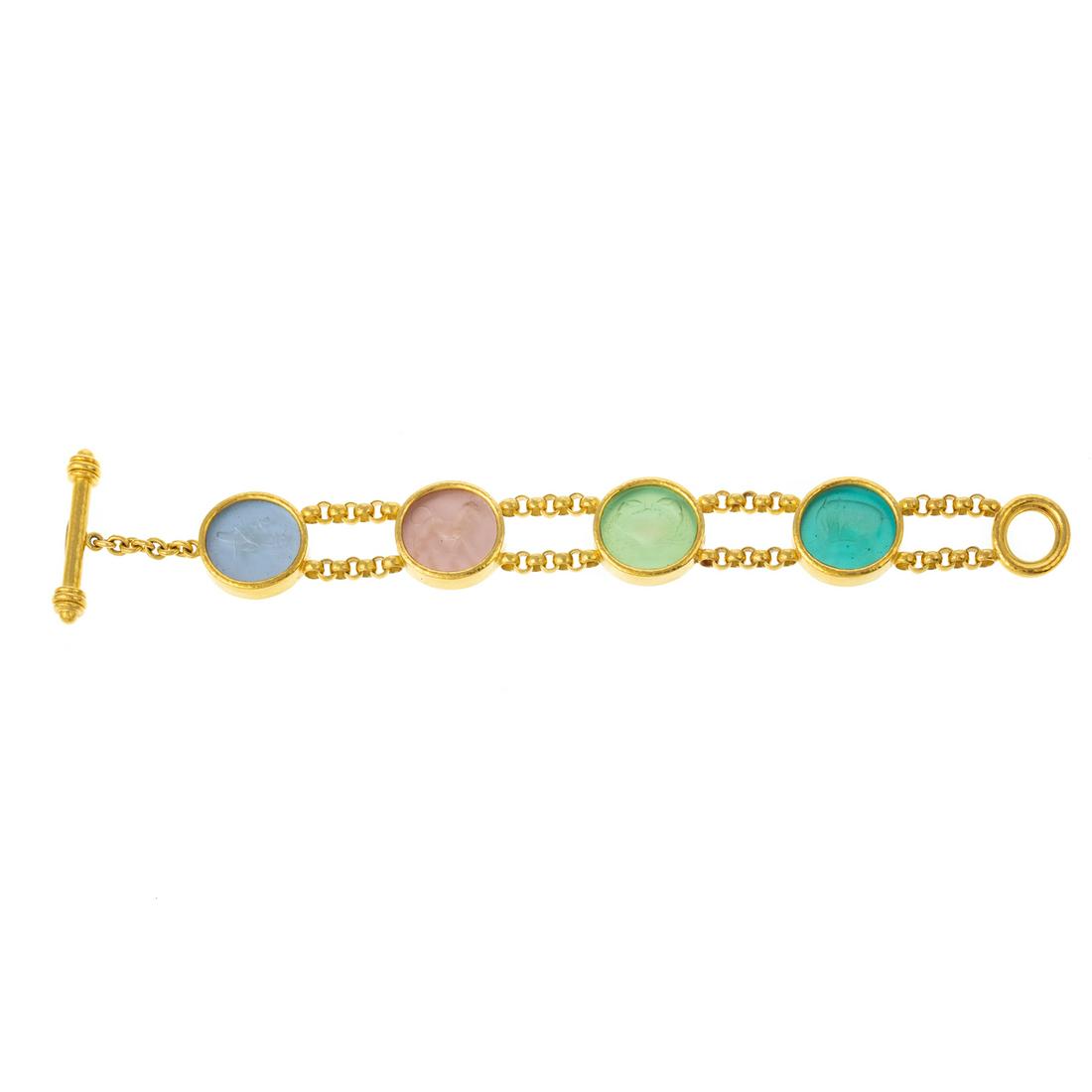 An Elizabeth Locke Intaglio Bracelet in 19K: 19K yellow gold bracelet by Elizabeth Locke, from the Venetian Glass Intaglio Collection, featuring oval pastel colored glass stations with animal intaglios and mother-of-pearl backs in hammered finis