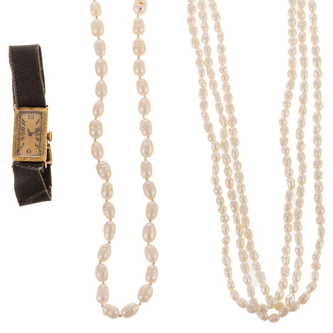 An Antique 14K Watch & Freshwater Pearl Necklaces: 1) 14K yellow gold antique watch by Cresarrow Watch Co., 13.7 mm rectangular case with decorative engraving, manual 18 jewel movement, stylized Roman numeral hour markers, back custom engraved with mo