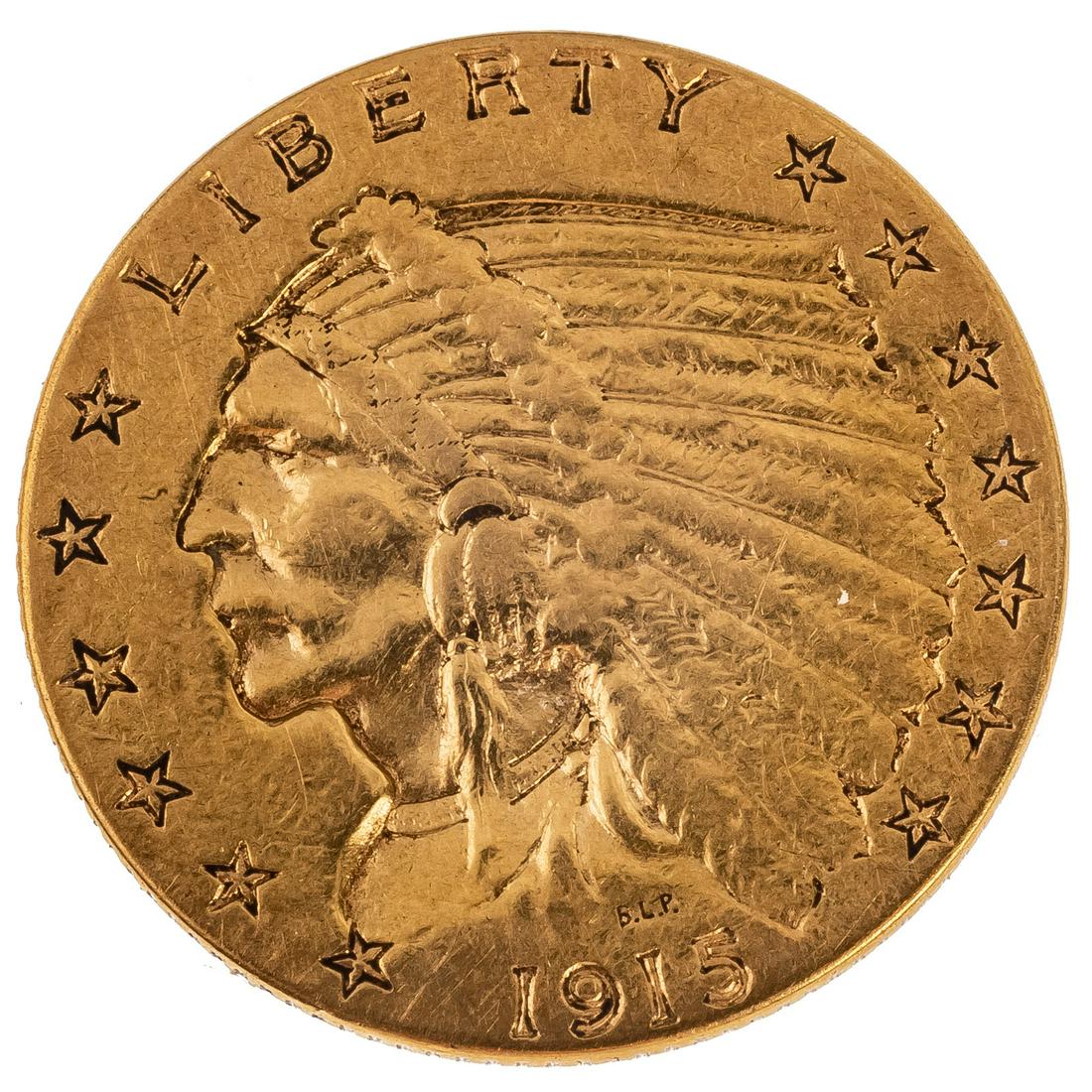 1915 Indian $2.50 Quarter Eagle VF/XF: Just old fashioned wear on an otherwise problem free coin