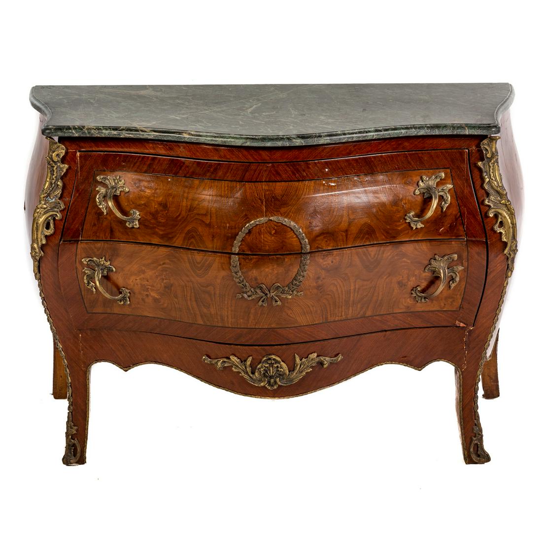 Louis XV Style Marble Top Bombe Commode: 20th century; gilt metal mounted fruit wood two drawer shaped marble top commode, 30.5 in. H., 44 in. W., 19.5 in. D.