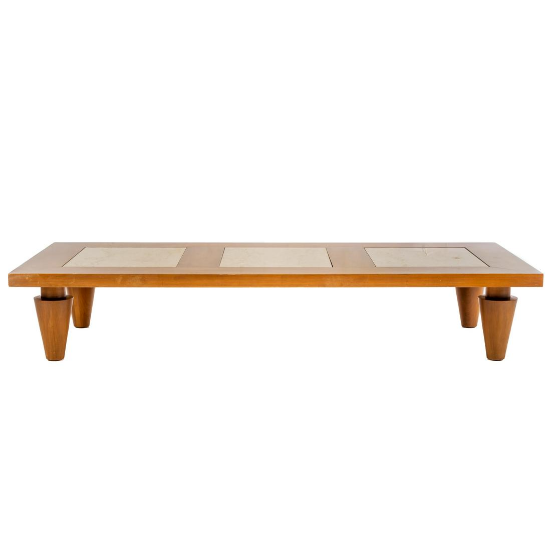 John Widdicomb Inset Marble Coffee Table: Mid 20th century, large coffee table with three inset marble tiles, on cone legs, 13 in. H., 72 in. L., 32 in. W.
