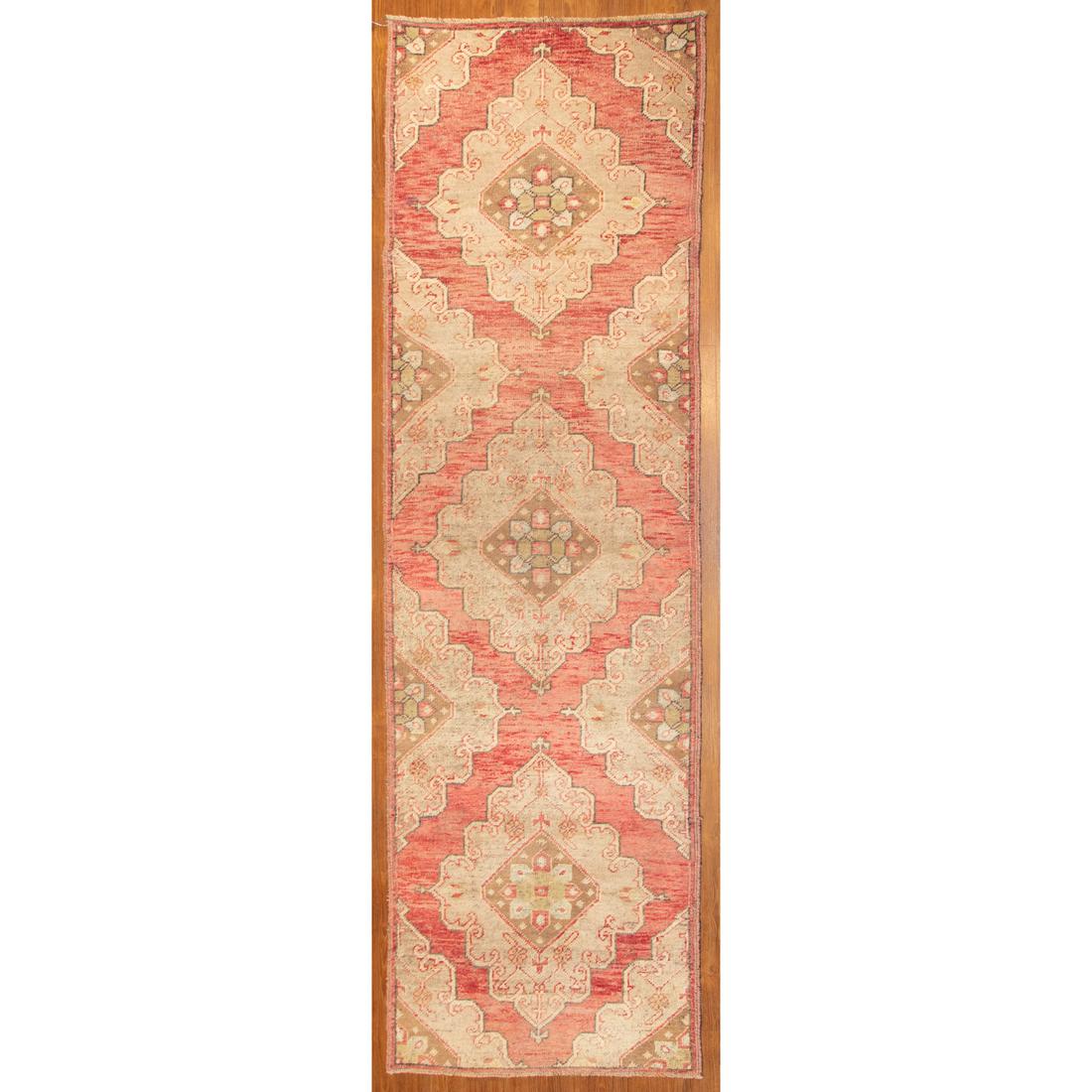 Semi-Antique Oushak Runner, Turkey, 3 x 9.4: Second quarter-20th century; hand-knotted, wool pile.