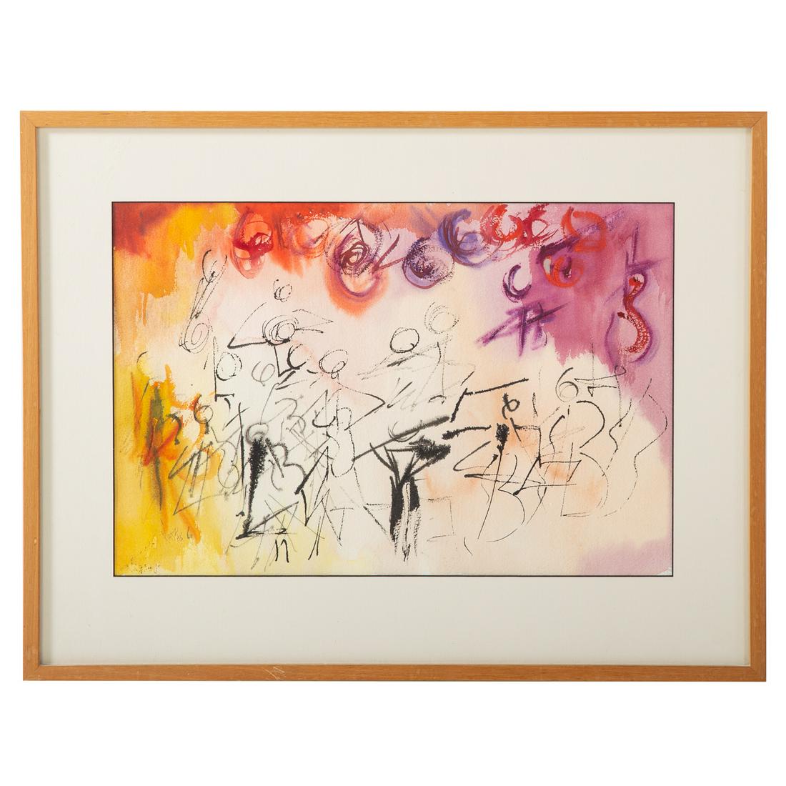 Barbara Katz. Abstract with Figures, mixed media: (American, 1934-2022). Watercolor and ink on paper, 1975, signed "Katz" ll, sight size: 11 3/4 x 17 3/4 in., framed. The Estate of Barbara P. Katz. Proceeds from the auction will create the Barbara P.