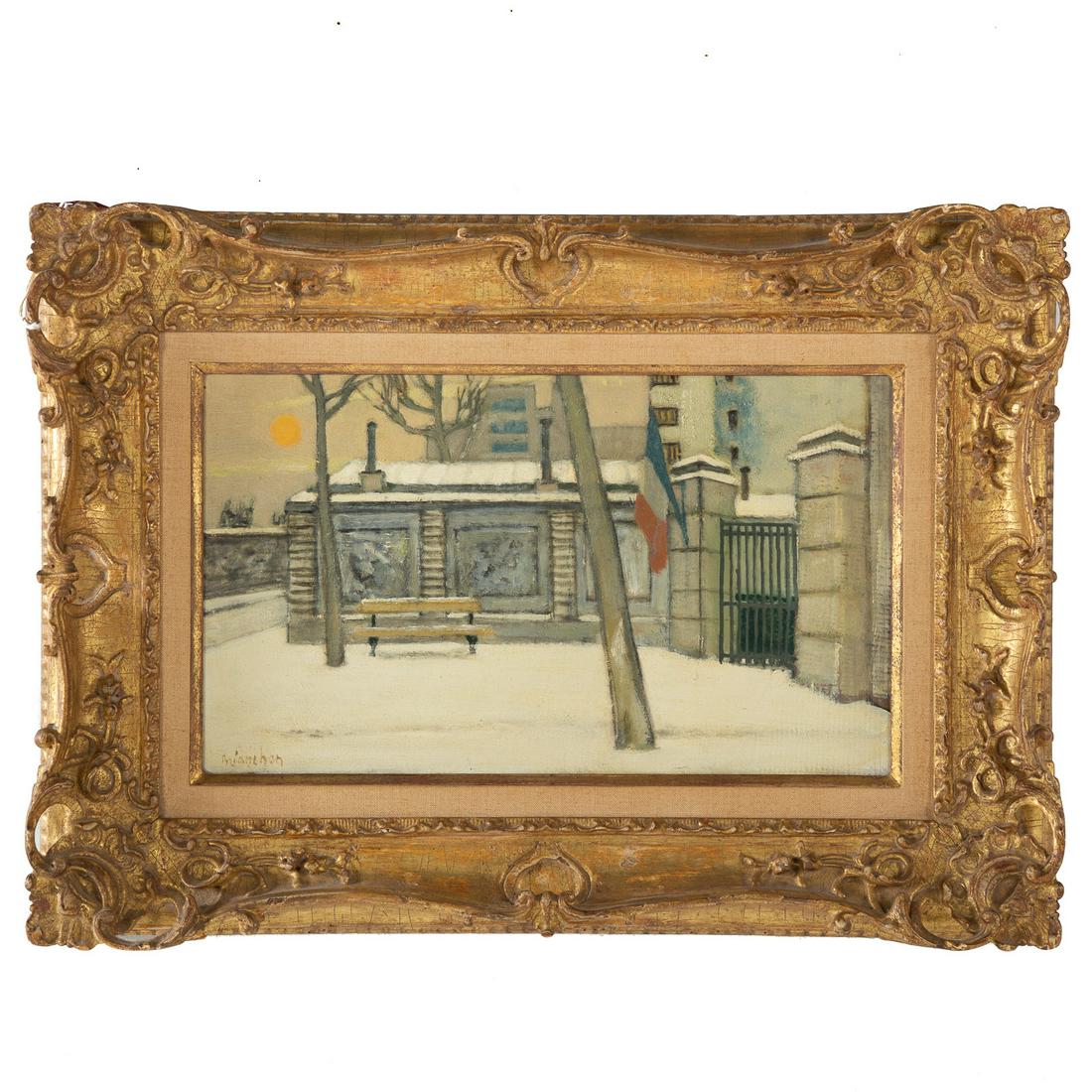 Maurice Brianchon. "Rue la Fontaine," oil: (American/French, 1899-1979). Oil on board, 1960, signed "Brianchon" ll, signed and titled on verso, sight size: 9 1/4 x 16 in., framed. The Estate of Barbara P. Katz. Proceeds from the auction will c