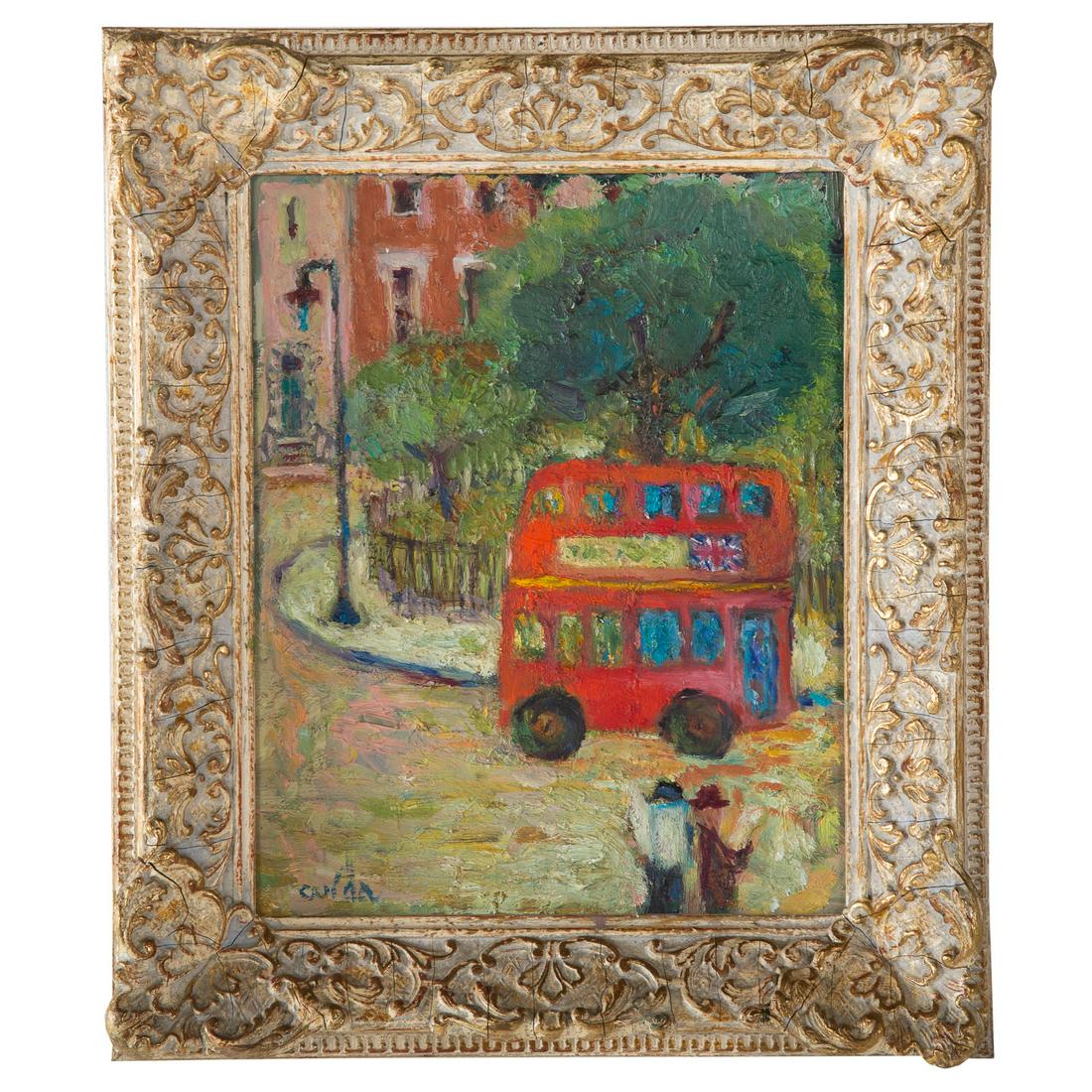 Ouida Romanoff George. "The Red Bus," oil: (American, 1916-2014). Oil on masonite, signed "Ouida" ll, additional identifying information on verso, sight size: 9 1/2 x 7 1/2 in., framed. The Estate of Barbara P. Katz. Proceeds from the auction 