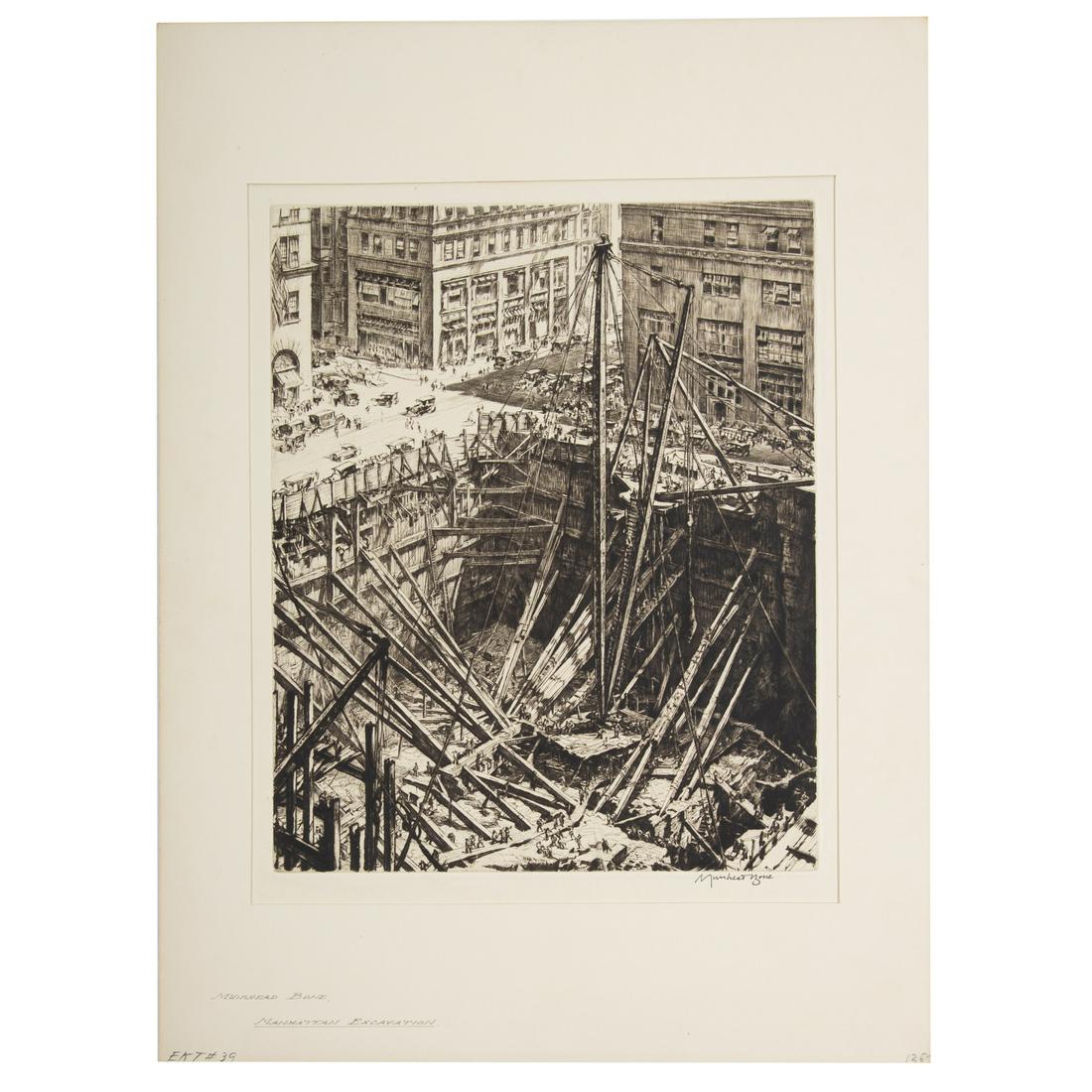 David Muirhead Bone. "Manhattan Excavation," drypoint: (British, 1876-1953). Drypoint, pencil signed "Muirhead Bone" lr, plate size: 12 1/4 x 10 in., unframed.