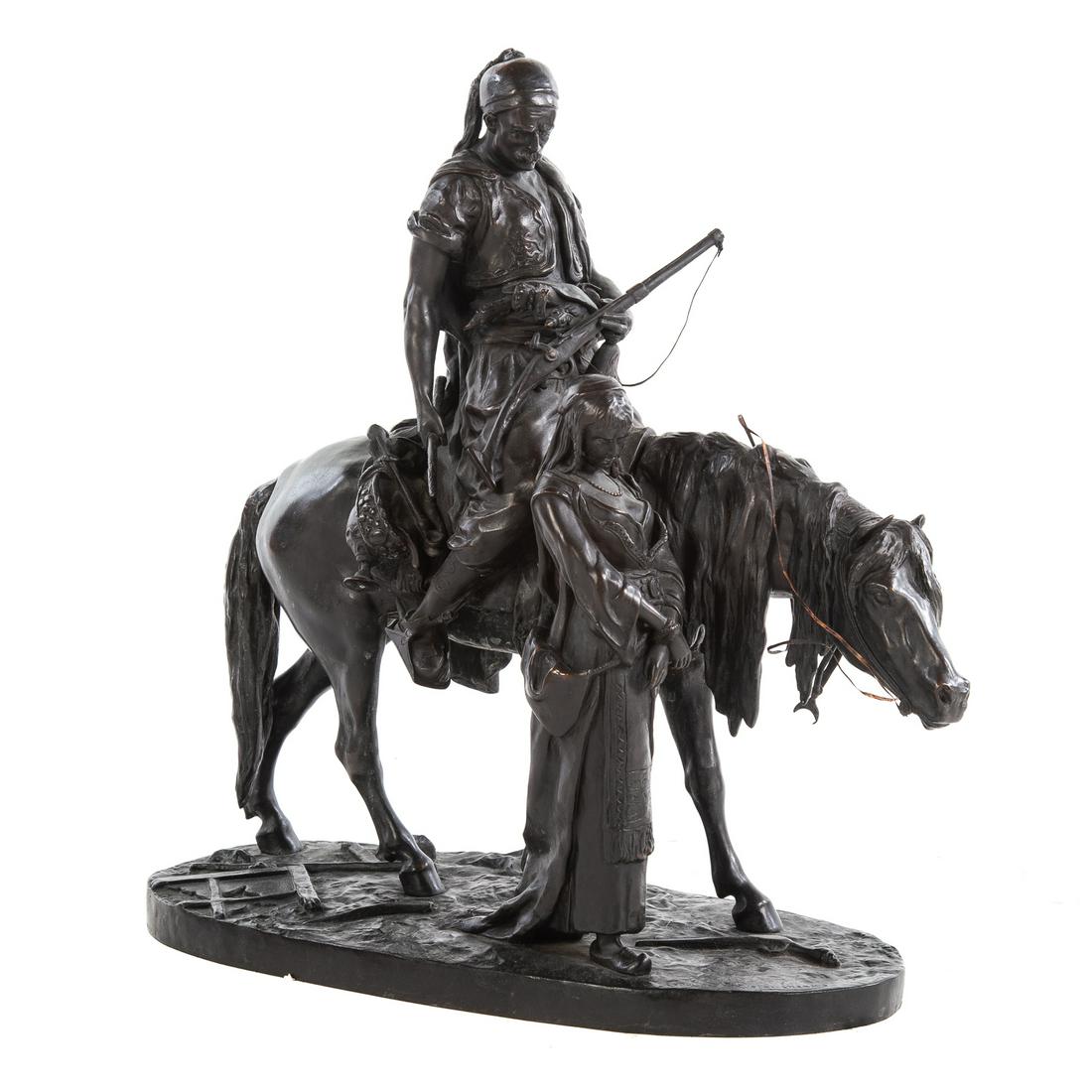 Edouard Letourneau,The Captive Bronze: (French, 1851-1907). Mounted Arab horseman with walking bound woman captive, Signed "Edouard Letourneau," 21 in. H., 19 in. W.