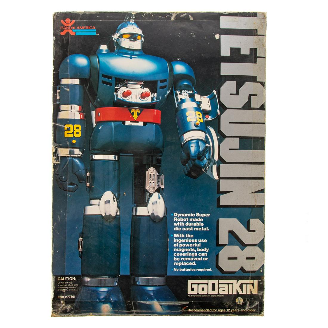 Bandai America Godaikin Tetsujin 28 Robot: Dated 1981; large plastic and die cast metal robot with numerous parts and accessories, in original carrying case box, robot 16 in. H.