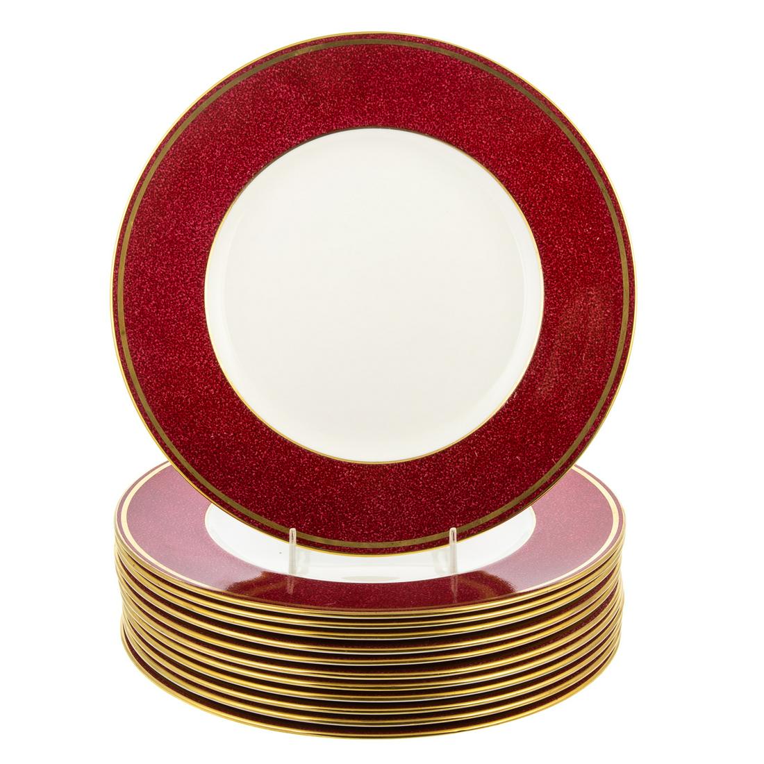 12 Wedgwood China Dinner Plates: Having wide maroon band and gilt edge, 10 in. Diam. The Estate of Barbara P. Katz. Proceeds from the auction will create the Barbara P. Katz Legacy Fund, to support humanitarian efforts in Ukraine. Mo