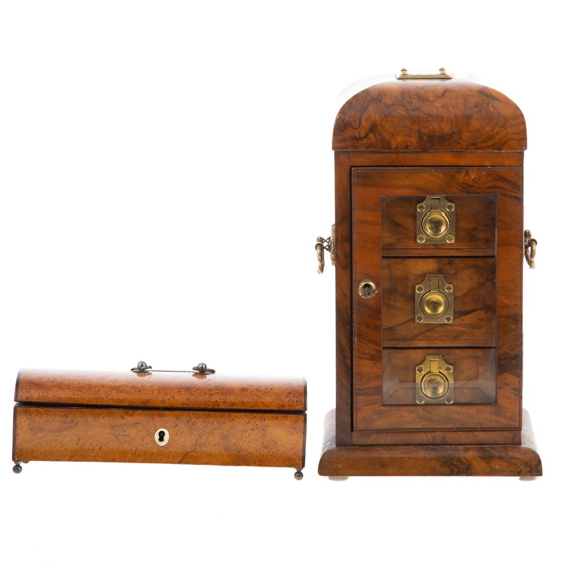 Victorian Sewing Kit & Edwardian Jewelry Box: Victorian birds eye maple dome top sewing box on brass ball feet, having hinged lid with mirror on interior, and removable shelf with mother of pearl sewing implements, 3 in. H., 7 1/4 in. W., 3 1/4 i