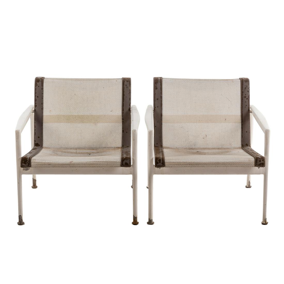 Richard Schultz for Knoll, 1966 Pair of Arm Chairs: Designed by Richard Schultz, Model1966 enameled aluminum, nylon, leather. Made in USA by Knoll, 26 in. H., 26 in. W., 26 in. D.