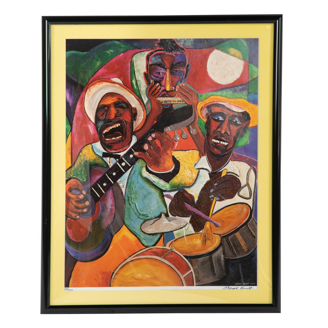George Hunt. Musical Trio, lithograph: (American, 1933-2020). Lithograph in colors, ed. 55/500, signed, 26 x 20 in., framed. From the Estate of Louis Allan Ford, Washington, DC.