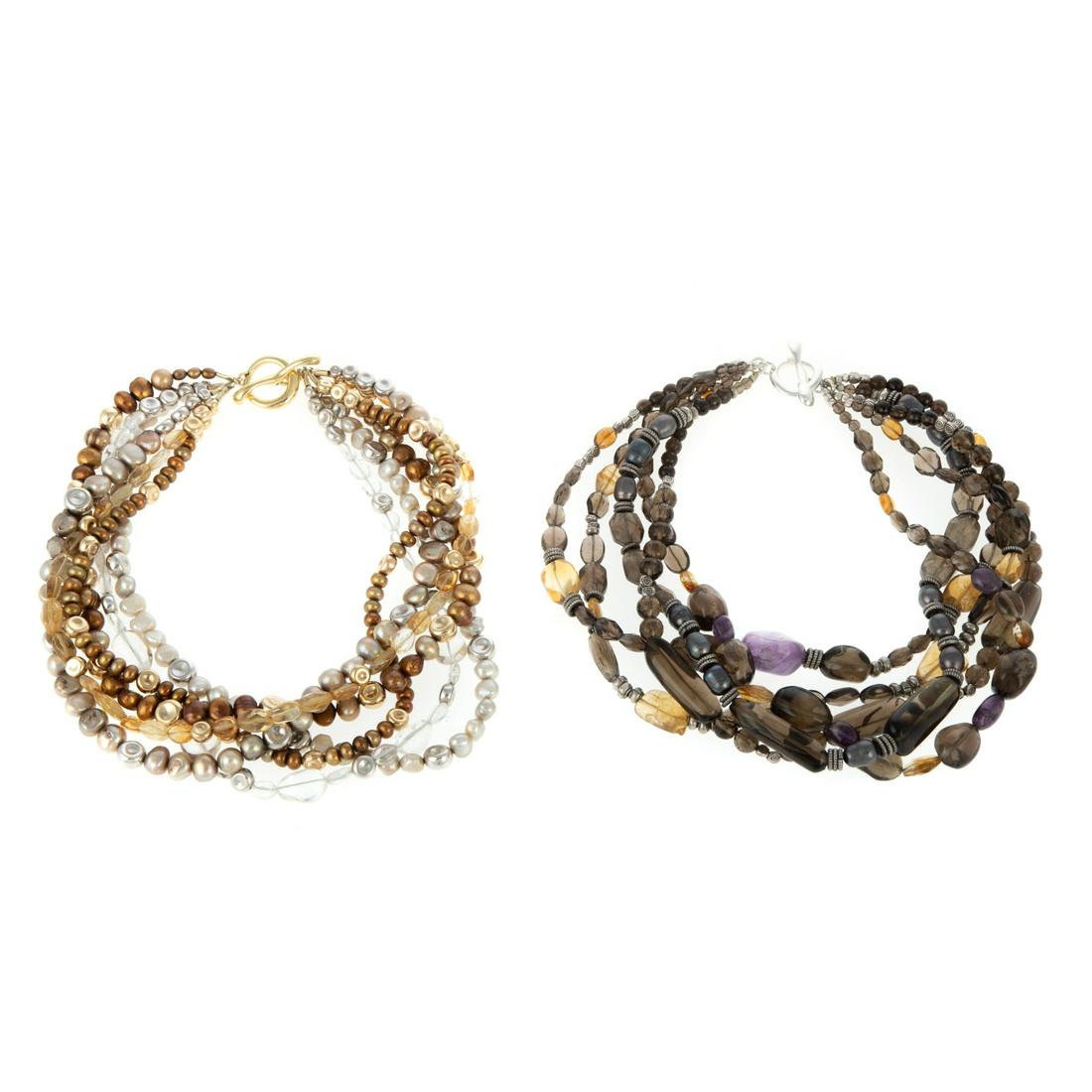 A Pair of Pearl Necklaces by Robert Lee Morris: 1) Multi-strand necklace by Robert Lee Morris featuring dyed semi-baroque and baroque pearls and additional gemstones, signed 18K yellow gold hook and eye clasp, 17.5 in. L, and 2) Multi-strand neckla