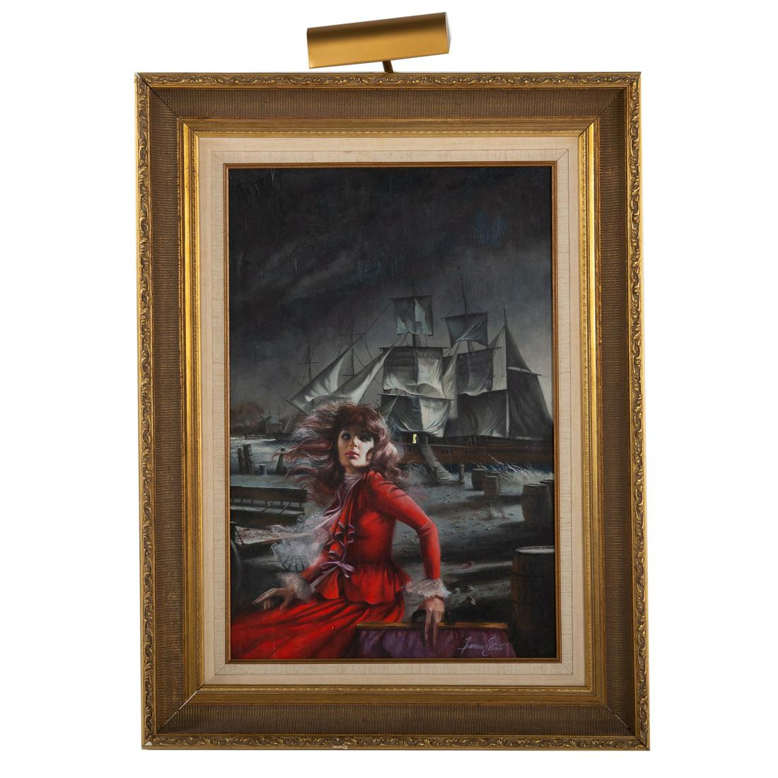 Freeman Elliott. "Voyage," oil: (American, b. 1922). Oil on masonite, signed "Freeman Elliott" lr, titled on verso, 30 x 20 in., framed.