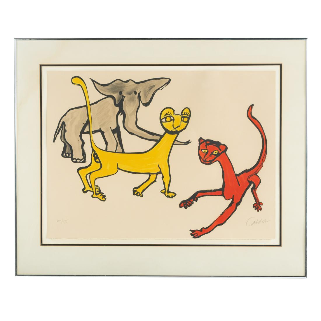 Alexander Calder. "Animals," lithograph: (American, 1898-1976). Lithograph in colors on Arches paper, 1976, ed. 44/175, published by Mourlot Paris, pencil signed "Calder" lr, sheet size: 22 x 30 in., framed. Private collection, Brinklow, MD.