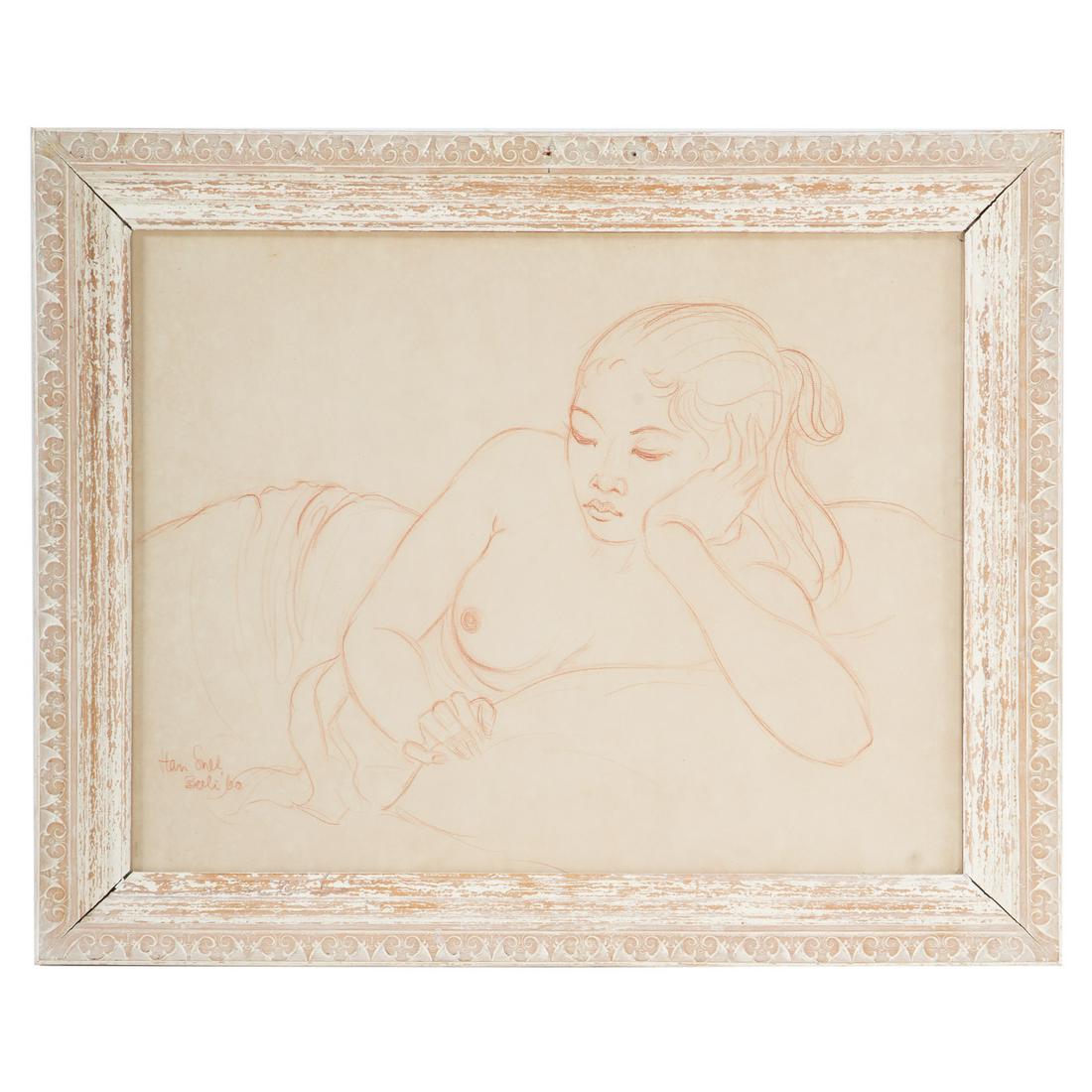 Han Snel. Reclining Nude, red pencil: (Dutch, 1925-1998). Red pencil on paper, signed, location and dated "Han Snel Bali 1960" ll, sight size: 19 1/4 x 25 1/4 in., framed. From the Estate of Lynne Riley, Kent Island, MD.
