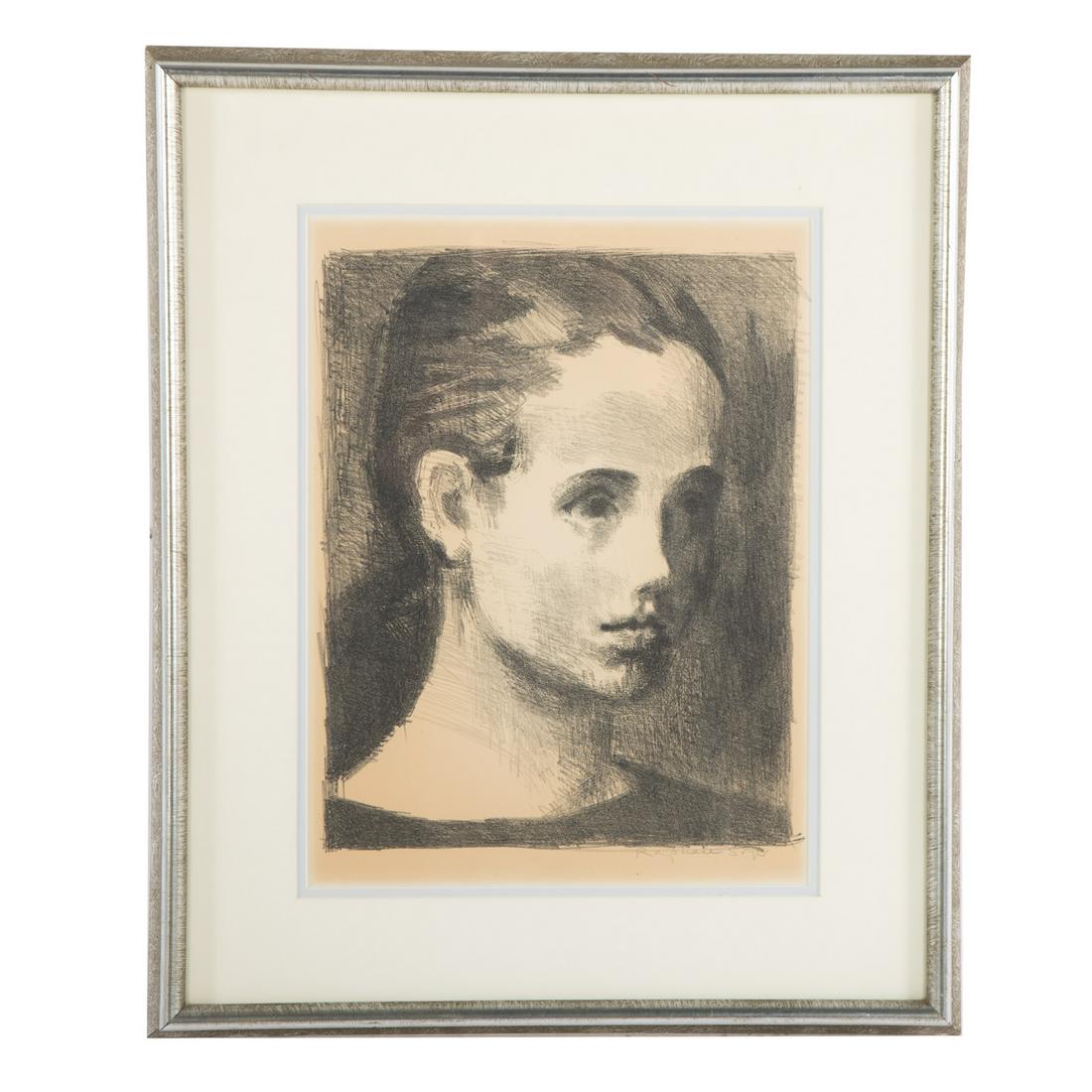 Raphael Soyer. Portrait of a Woman, lithograph: (Russian/American, 1899-1987). Ink stone lithograph on paper, signed "Raphael Soyer" lr, sight size: 15 1/2 x 11 3/4 in., framed. From the private collection of Phipps and Tom Moran, Baltimore, MD.