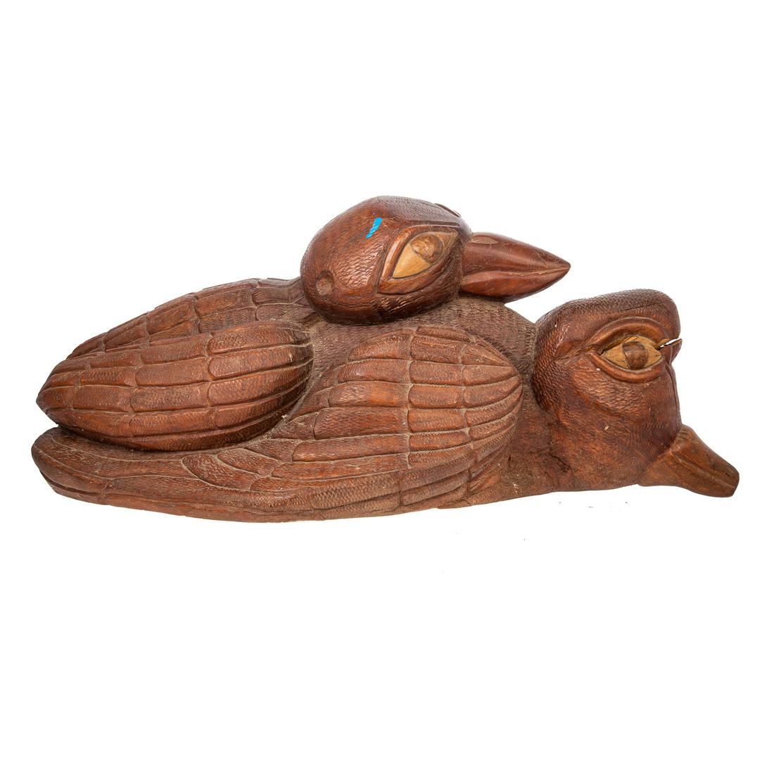 Attributed to Everald Brown, Carved Wood Sculpture: (Jamaican, 1917-2003), abstract manner carved wood bird group, 11 in. H., 25 in. L.