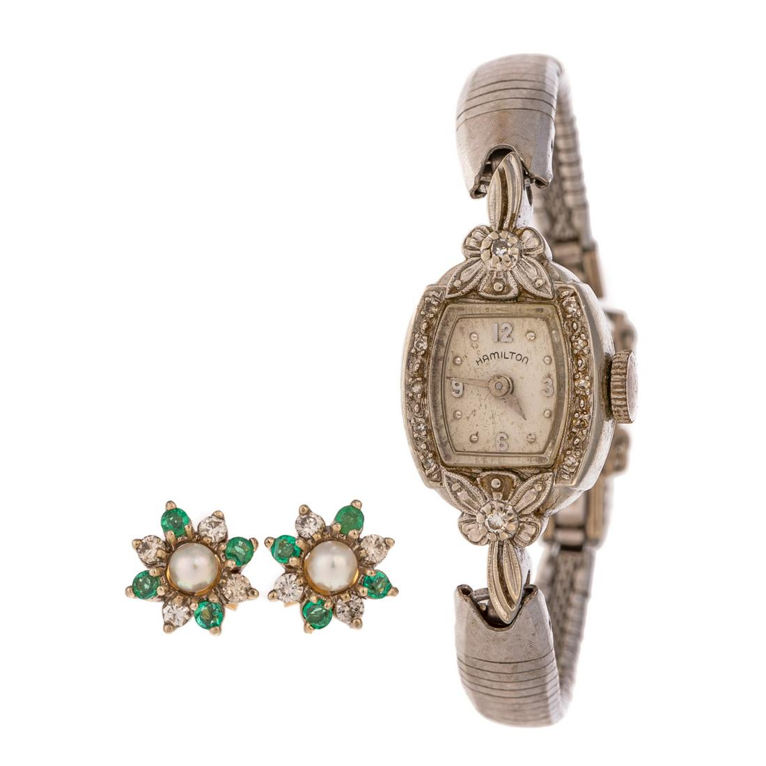 A Vintage Hamilton Watch & Stud Earrings in 14K (1 of 8)