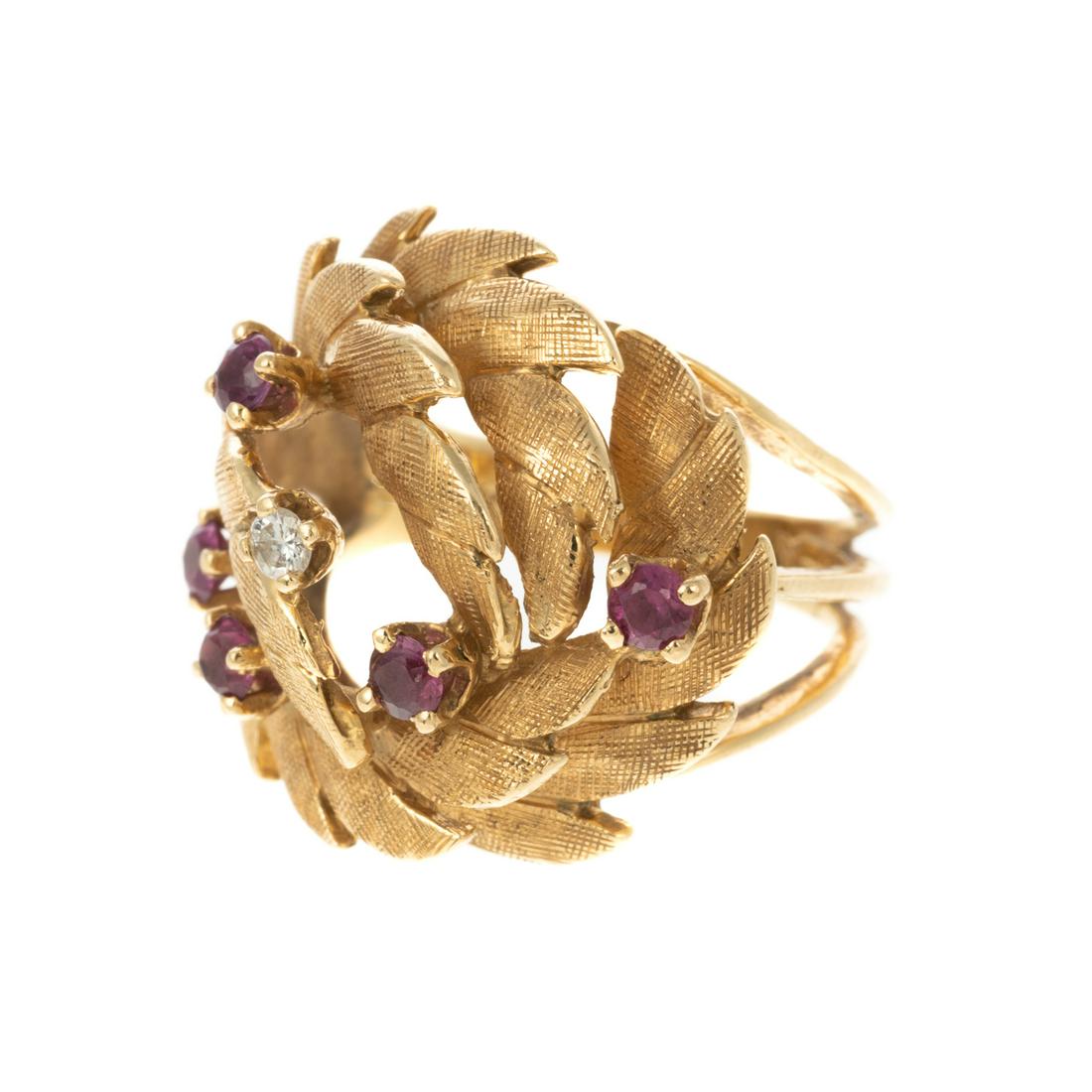 A Retro Ruby & Diamond Domed Leaf Ring in 14K (1 of 6)