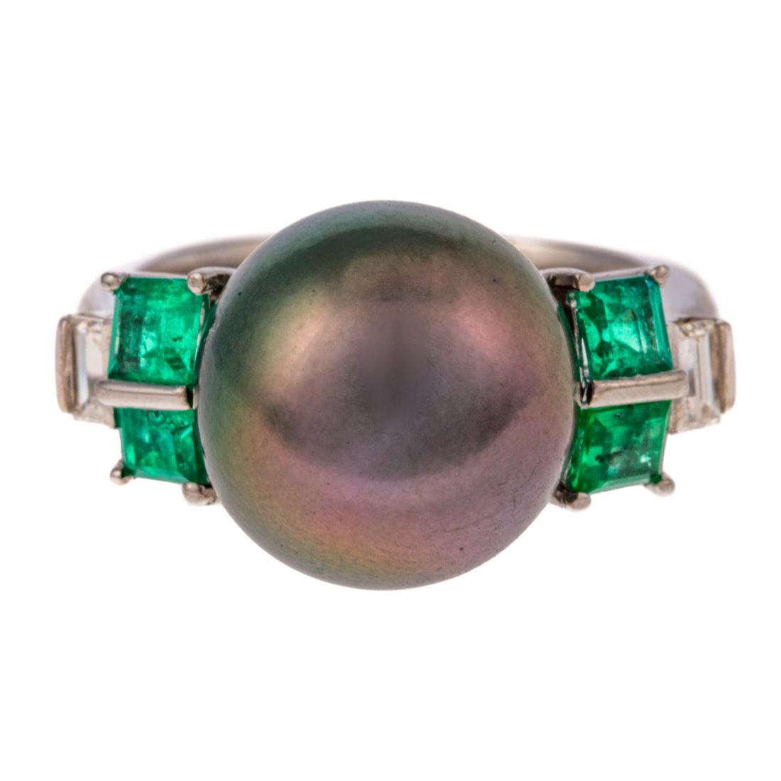 A Tahitian Pearl, Emerald & Diamond Ring in 14K (1 of 5)