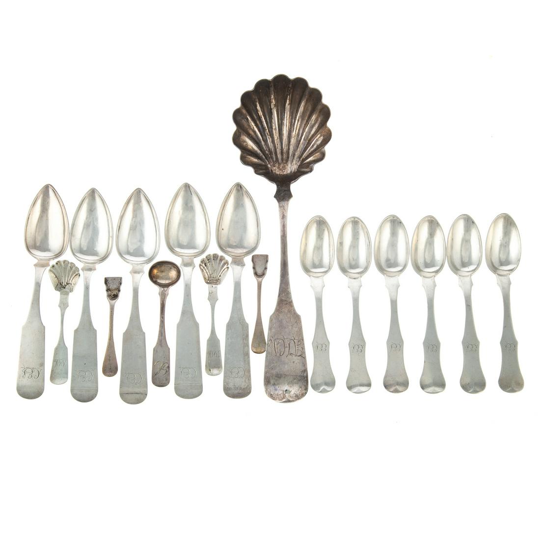 S Kirk & Son & Other Baltimore Coin Silver: S Kirk & Son includes six teaspoons and two salt shovels, with 10.15 silver standard mark, 3 3/8 in. to 5 7/8 in. L; five Robert Brown dinner spoons, c.1827-1831, with 10.15 silver standard mark, 7 in