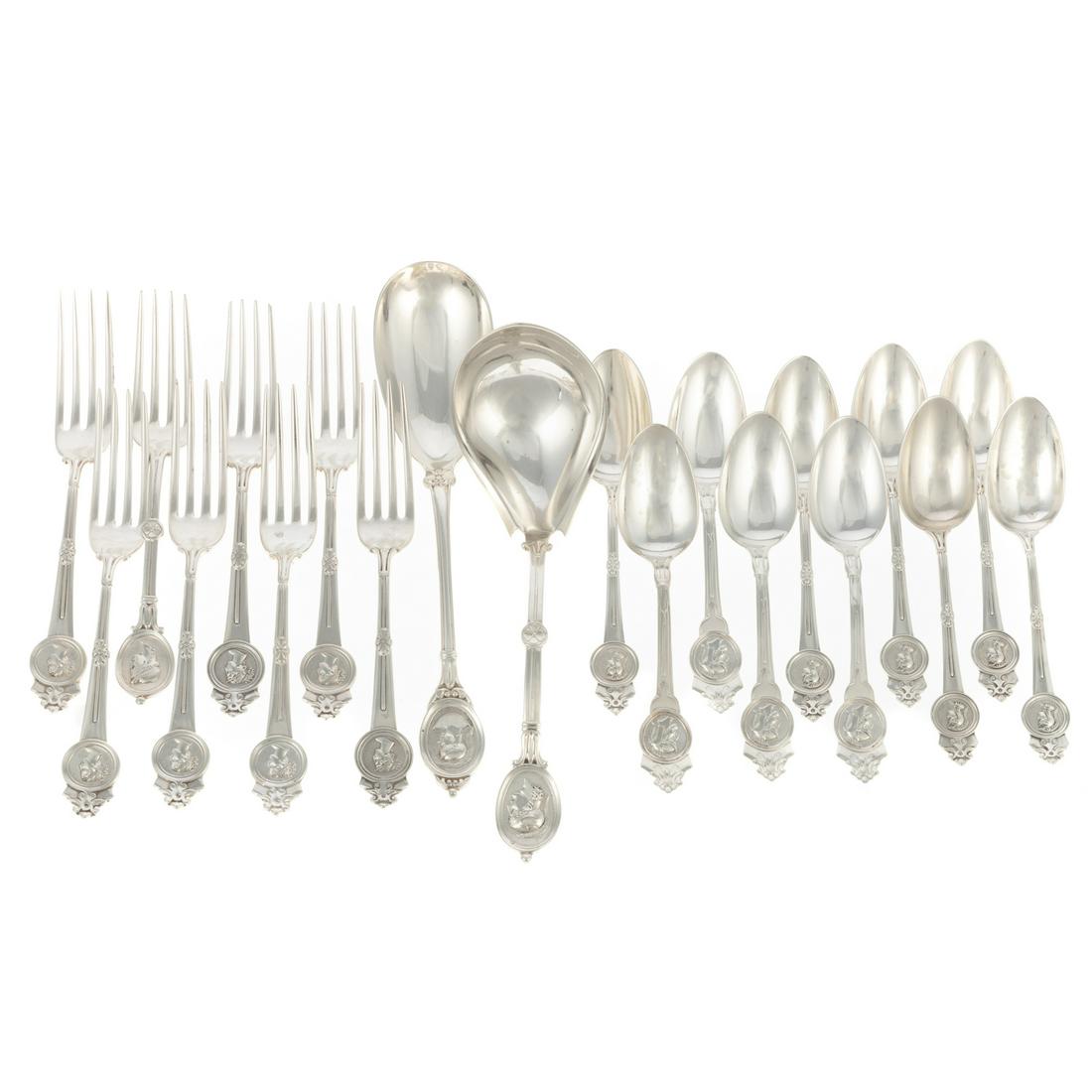 Group Sterling & Coin Silver "Medallion" Flatware: Including seven Gorham sterling forks and six teaspoons,1864; one Ball, Black & Co. sterling fork and sauce ladle, c.1851-1876; four John Cook sterling teaspoons, 1867; and a coin silver serving spoon